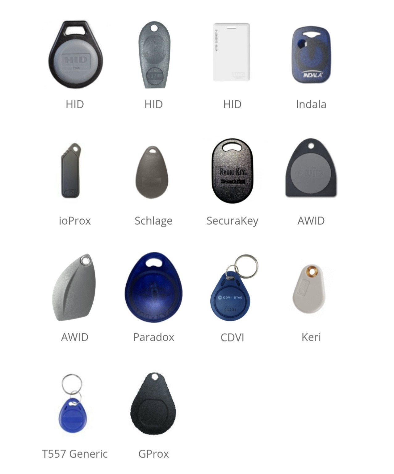 Examples of access fobs in different shapes and brands