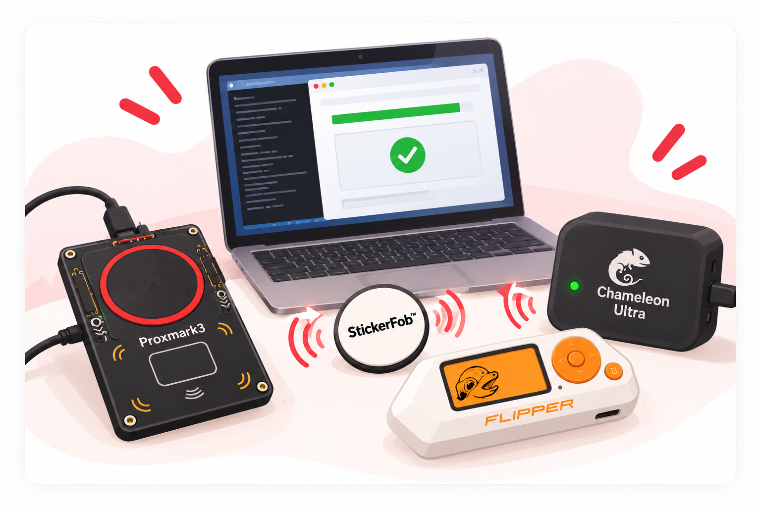 Cartoon illustration of access technology devices and a StickerFob sticker